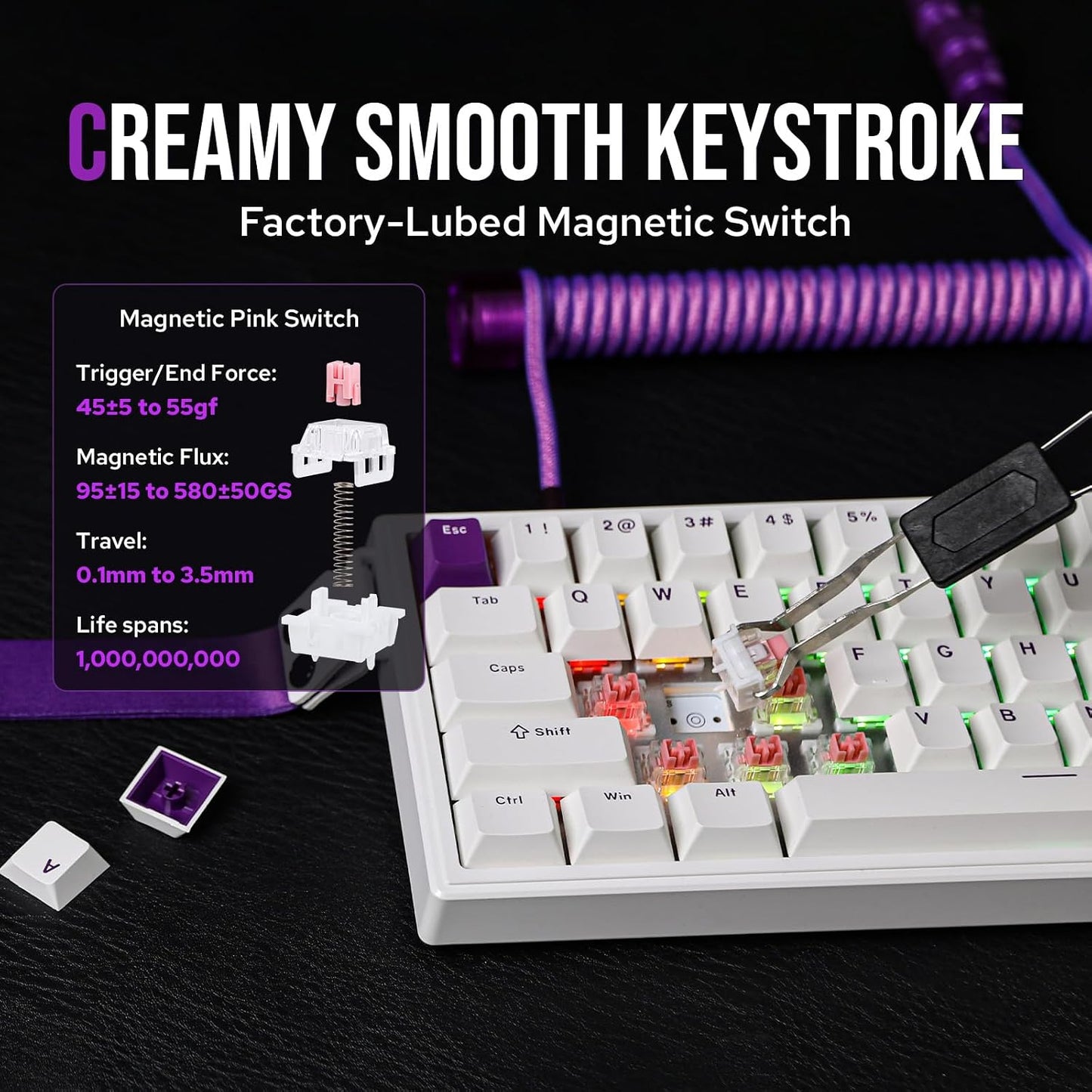 EPOMAKER HE68 Hall Effect Keyboard, 8000hz Polling, 0.01mm Adjustable Trigger, 0.125ms Latency, Creamy Gasket, Snap Key, SOCD, RGB, Wired Magnetic Gaming Keyboard for Mac/PC (White)