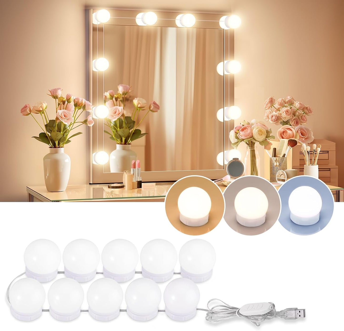 Consciot LED Vanity Lights for Mirror, Hollywood Style 10 Dimmable Bulbs | Adjustable Color & Brightness, USB Cable, Mirror Lights Stick on for Makeup Table Dressing Room Mirror