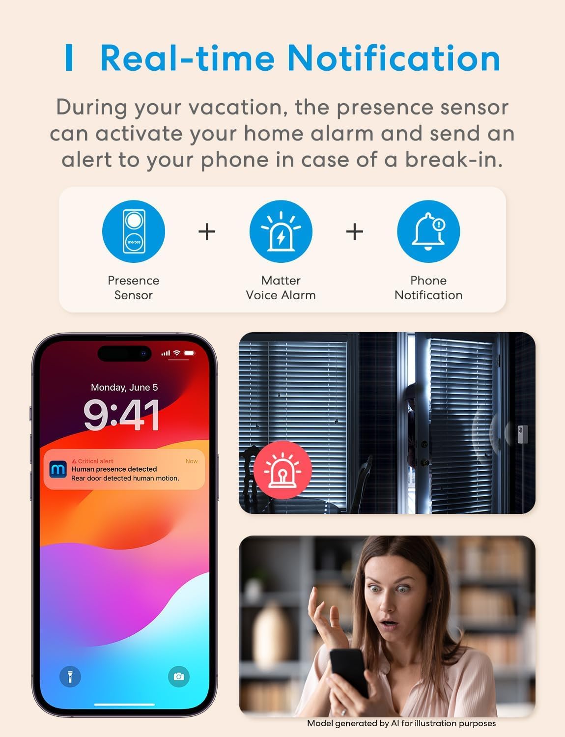 meross Presence Sensor MS600, Matter Over Wi-Fi, 1.5m Corded Motion Sensor