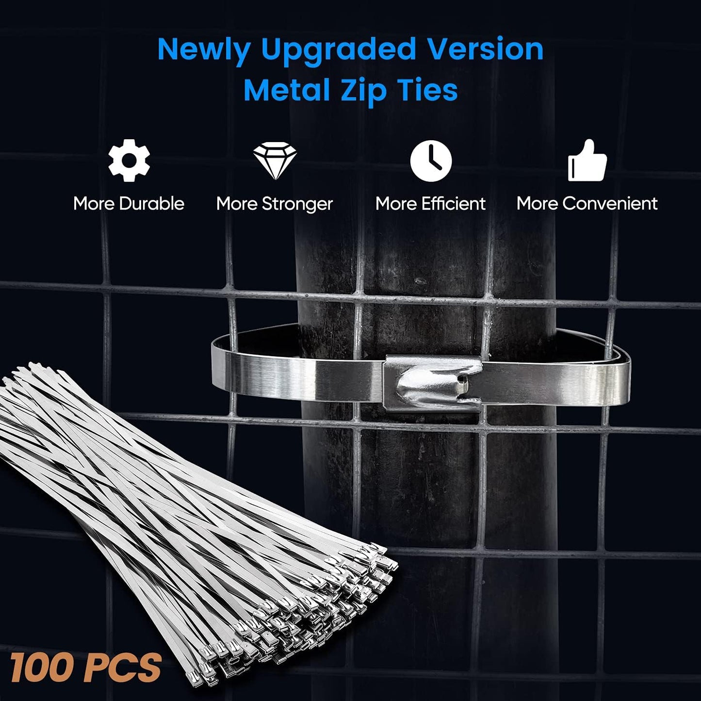 Metal Zip Ties Heavy Duty 11.8 Inch 304 Stainless Steel Cable Tie | 100 Pcs All-Weather Fastener Straps for Chain Link Fence, Exhaust Wrap &amp; Outdoor Wire Mesh