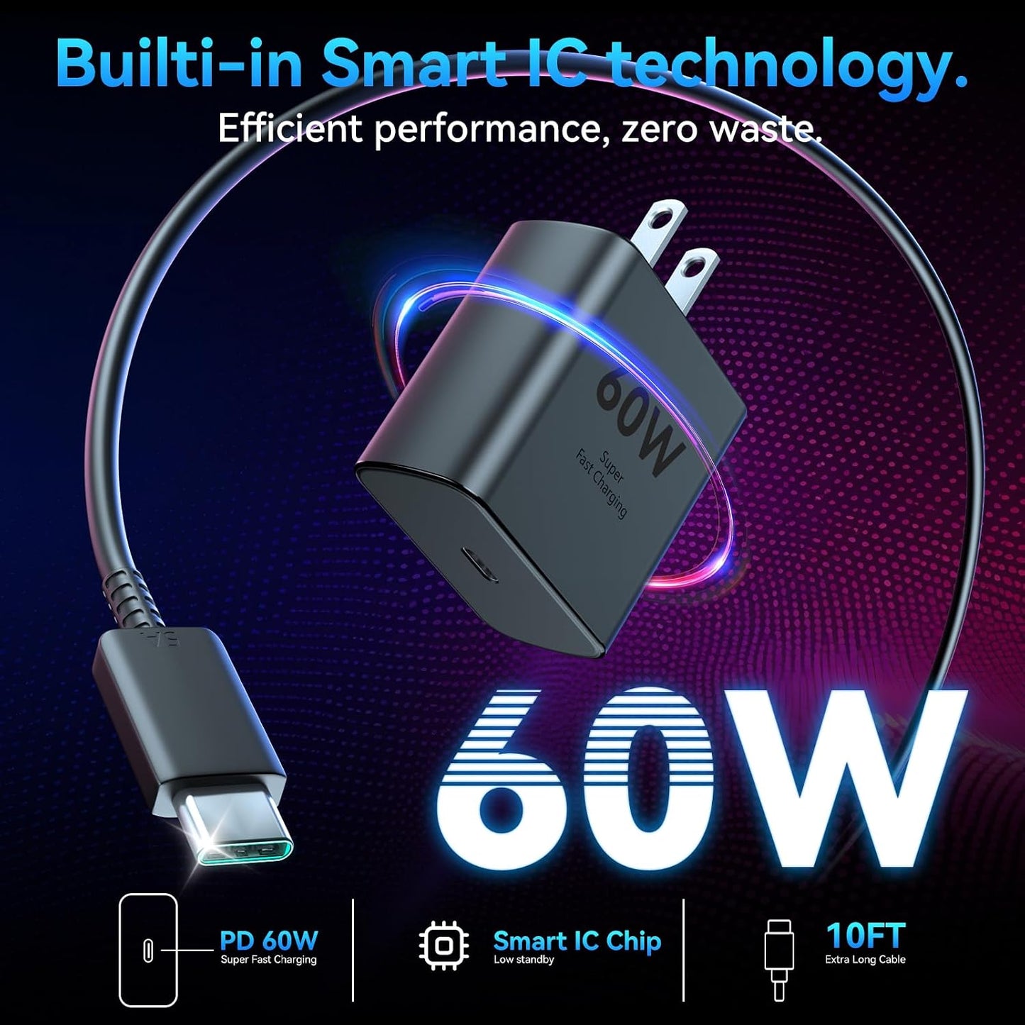 60W USB C Super Fast Charger Type C Android Phone Charger Fast Charging Block with 10ft USB-C to USB-C Cord Compatible with Samsung Galaxy S26 Ultra/S26/S26+/S25/S25 Ultra/S25+/S24, iPhone, iPad