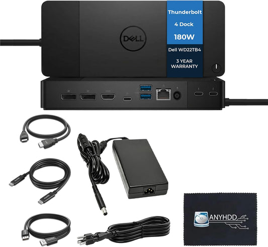 Dell WD22TB4 Thunderbolt 4 Dock Bundle - 40Gbps USB-C/USB-A, 3 Year Warranty with 180W Adapter, Anyhdd HDMI, DP, USB-C Cable & Cloth - Docking Station, Supports Dual/Triple Monitors & 4k Display