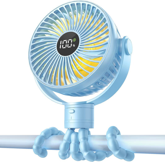 Coohea Portable Stroller Fan, 25H Long-lasting, 4 Speed, Night Light, Blue | 4000mAh Rechargeable Battery Powered Fan, Head Detachable 360° Rotate Mini Fan, Easy to Wrap for Car Seat Crib Bike Treadmill