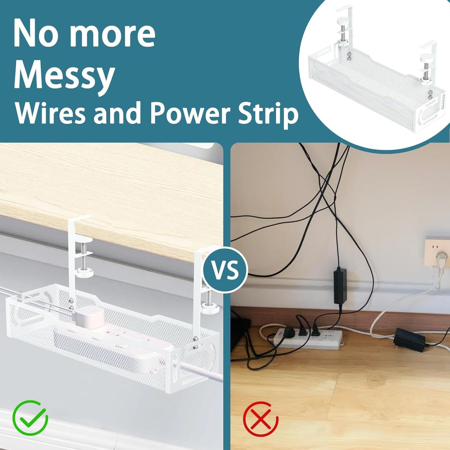 Under Desk Cable Management Tray, No Drill Mesh Desk Cable Tray, Wire Management Tray Cable Management Rack, Cord Organizer and Cable Management Box (White)