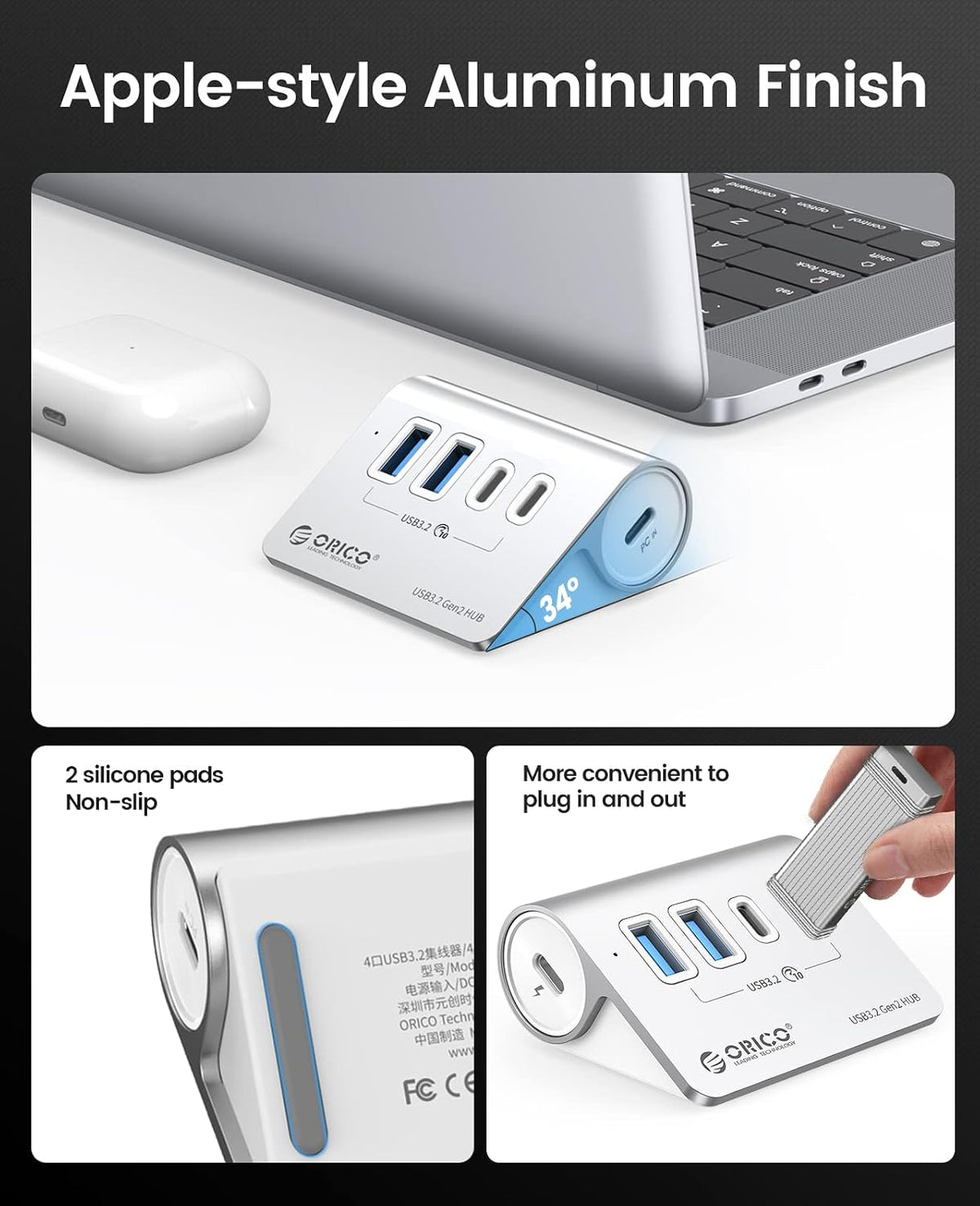 ORICO 4-Port Desktop USB 3.2 Hub, 10Gbps Aluminium USB Splitter for Laptop