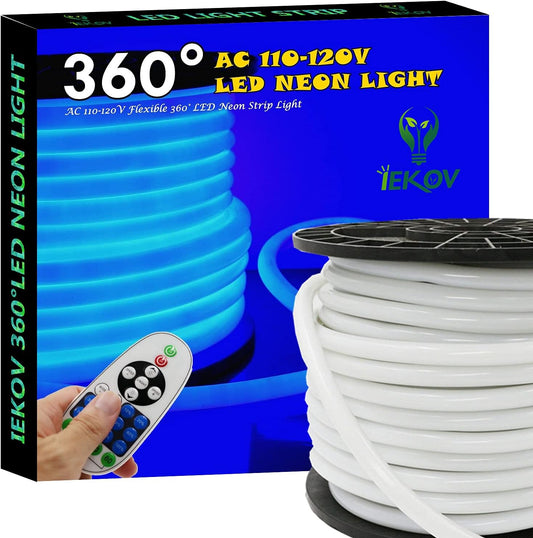 [Upgrade] 360° LED NEON Light, AC 110-120V Flexible 360 Degree LED Neon Strip Lights, Dimmable & Waterproof NEON LED Rope Light + Remote Controller for Decoration (32.8ft/10m, Blue)