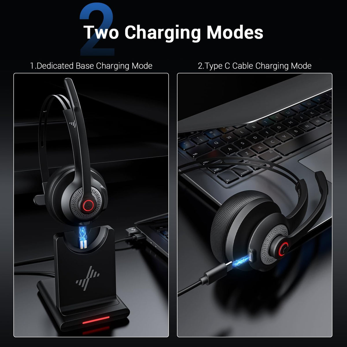 JIAMQISHI Bluetooth Headset - Wireless Headset with Noise Cancelling Microphone, V5.2 Computer Headphones with USB Dongle, Charging Base & Mic Mute for Work/Call Center/PC/Laptop/Online Class/Zoom
