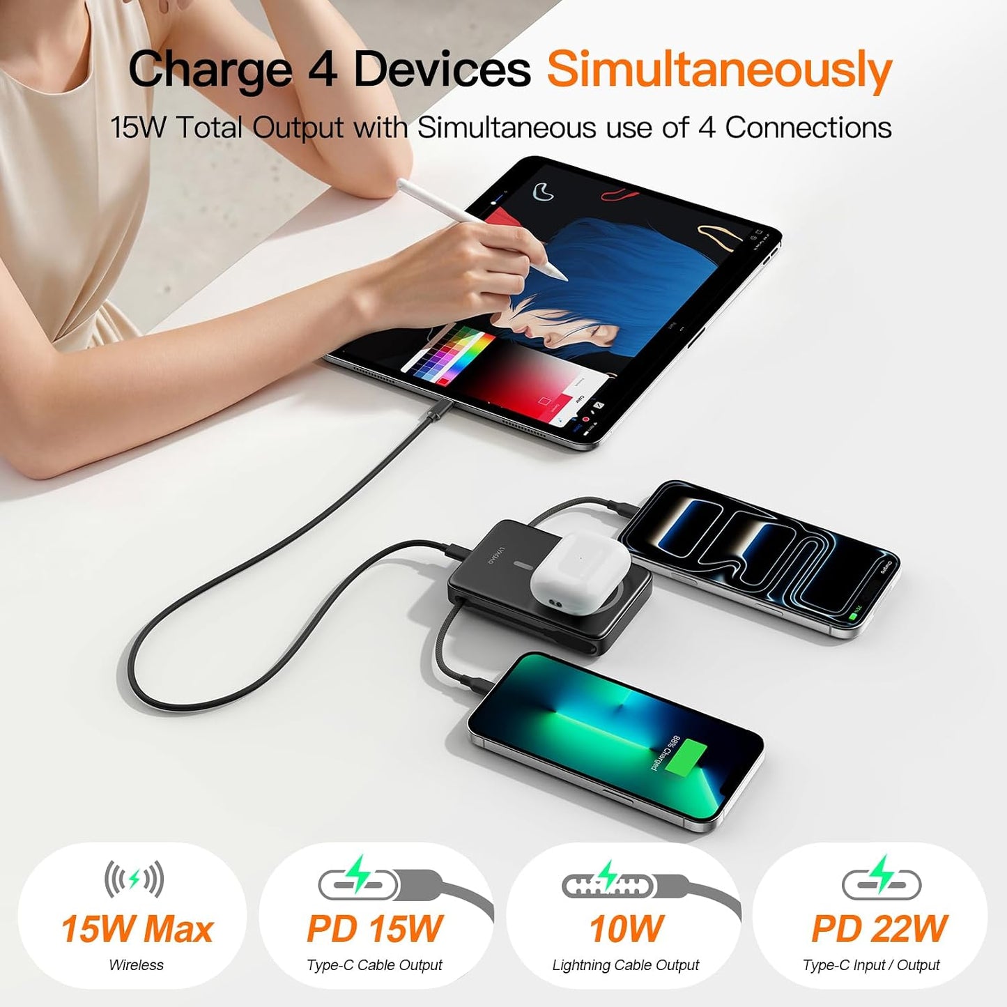 No More Forget Cables! 10000mAh Ultra Slim Magnetic Power Bank, Built-in USB-C & iPhone Cable, 20W Portable Charger with Foldable Stand, for iPhone 17/16/15/14/13/12 Series