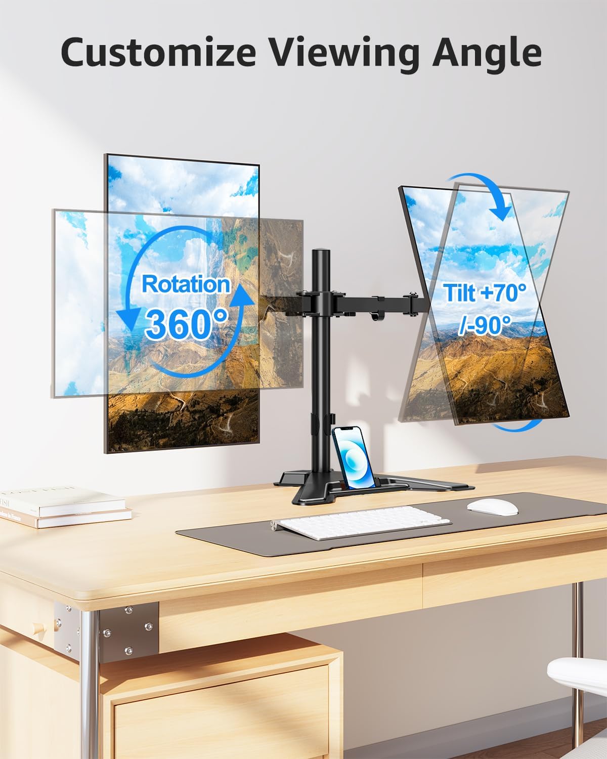 MOUNTUP Dual Monitor Stand - Freestanding & Height Adjustable Monitor Desk Mount, Steady VESA Mount Holds Max 17.6 lbs, Computer Monitor Stand for 2 Screens up to 27 inches, For Home Office