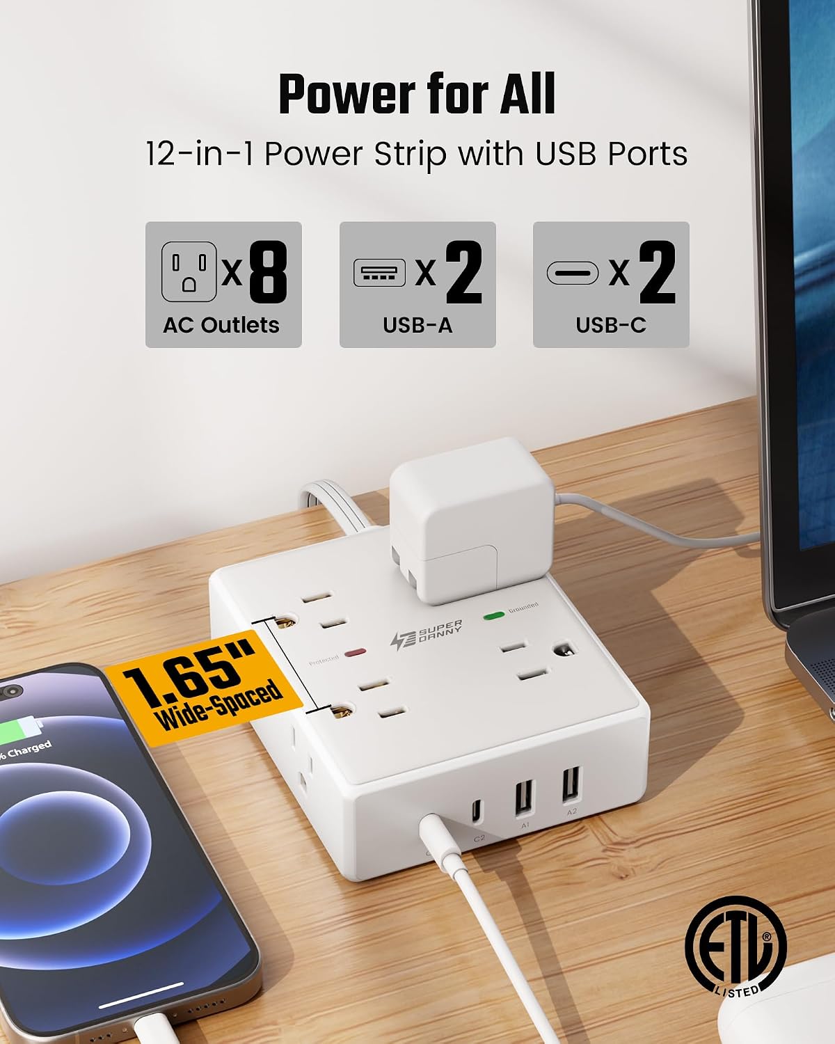 SUPERDANNY Extension Cord,Flat Plug Surge Protector Power Strip,10Ft | 8 AC & 4 USB Ports (2 USB C),Surge Protector with 1050J,Desk Charging Station for Home Office,College Dorm Room Essentials