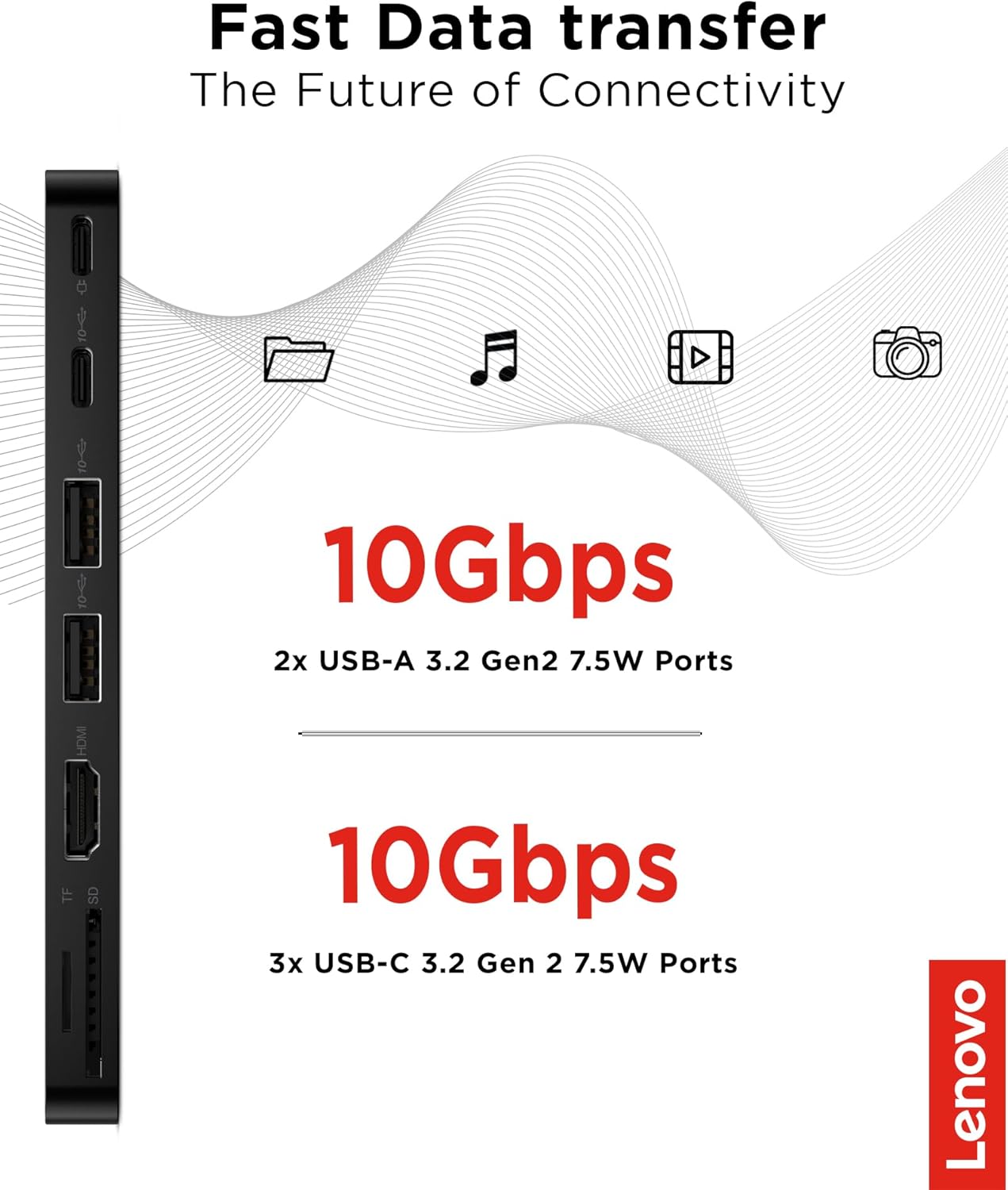 Lenovo USB-C Slim Travel Dock, 8 Ports, Up to 65W PD Pass Through, Integrated USB-C Cable, 4K Display Support, Black