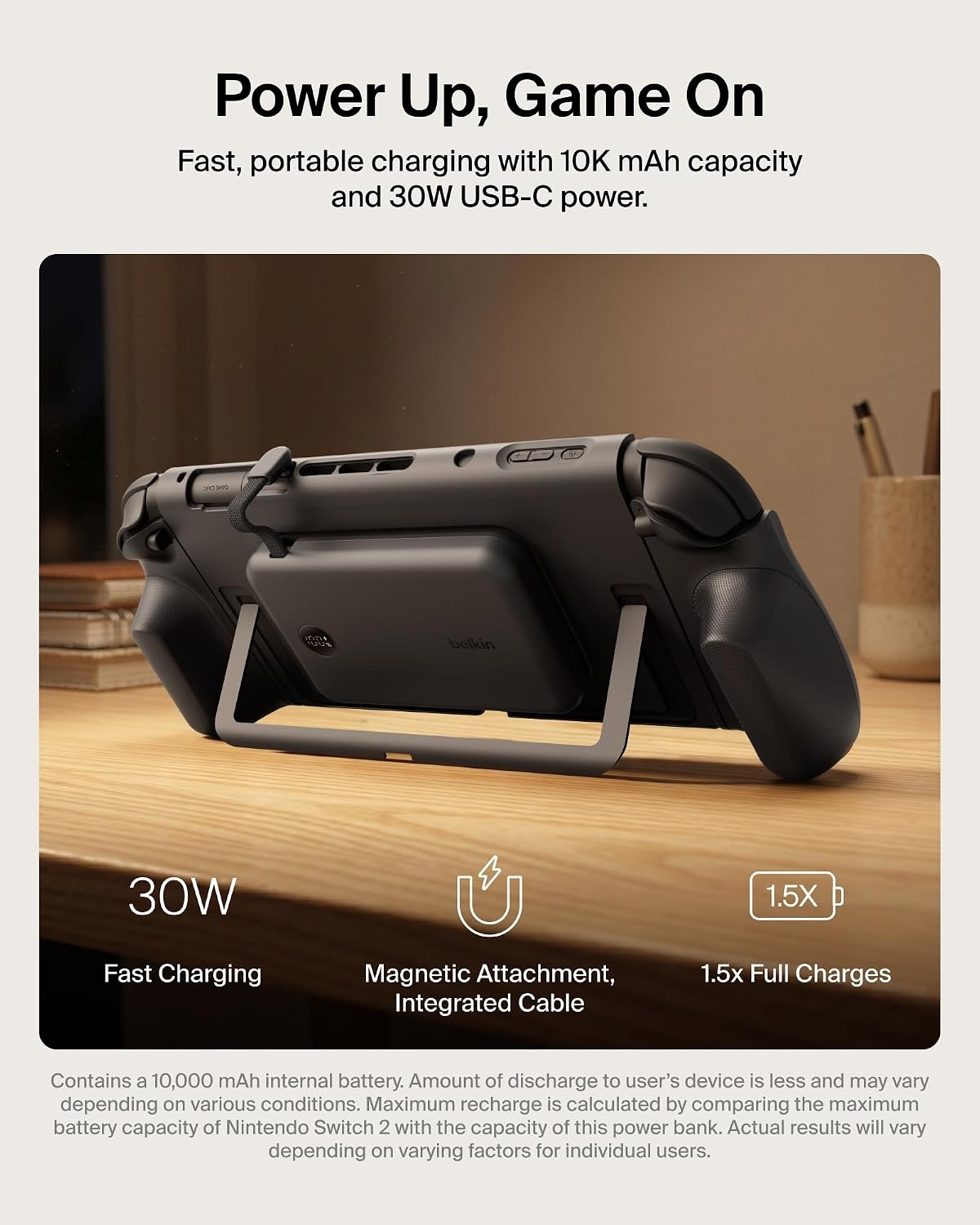 Belkin Nintendo Switch 2 Grip Charging Case with 10000mAh Power Bank 30W | Magnetically Attachable Custom 10000mAh Power Bank with Ergonomic Nonslip Grip, Quick Release, Dockable, Built-in Kickstand