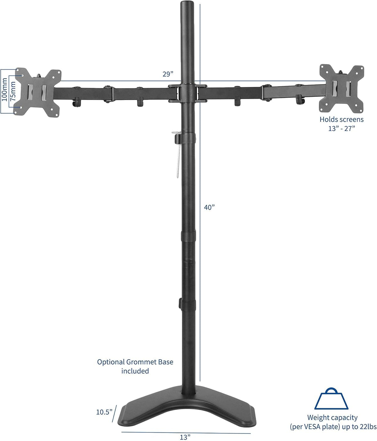 VIVO Dual 13 to 27 inch LED LCD Monitor Free-Standing Desk Stand, Holds 2 Screens, Heavy-Duty Fully Adjustable Arms with Max VESA 100x100mm, Extra Tall 40 inch Pole, Black, STAND-V012F