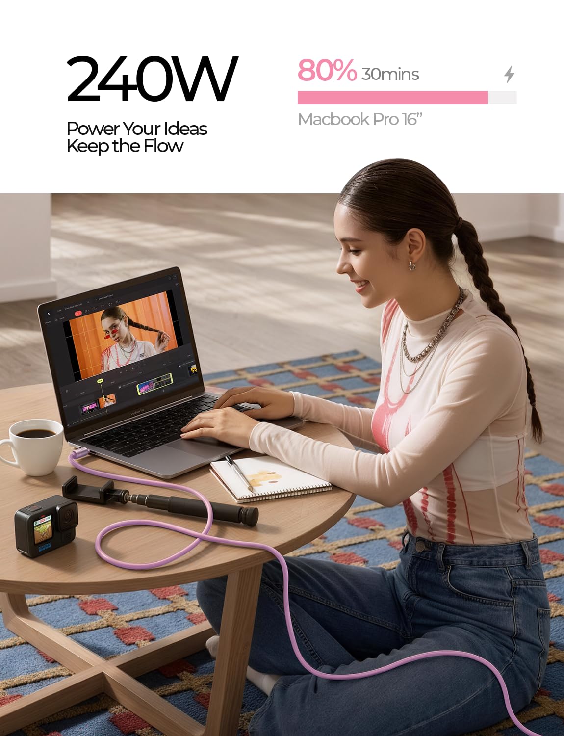 LISEN 10FT USB C Cable Fast Charging, Chubby 240W Cable USB C to USB C Fast Charging Soft Silicone USBC to USBC Parallel Cable for iPhone 17 Pro Max 16 15 Samsung S25 Ultra MacBook Pro Air iPad Pink