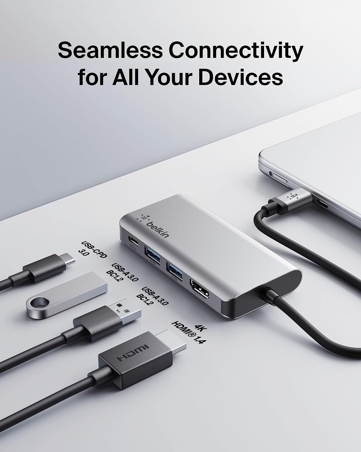 Belkin USB C Hub, 4-in-1 Multi-Port Laptop Dock with 4K HDMI, USB C Docking Station with 100 Watt Pass-Through Power Delivery, 2 X USB A Ports For MacBook Pro, Air, iPad Pro, Chromebook and More