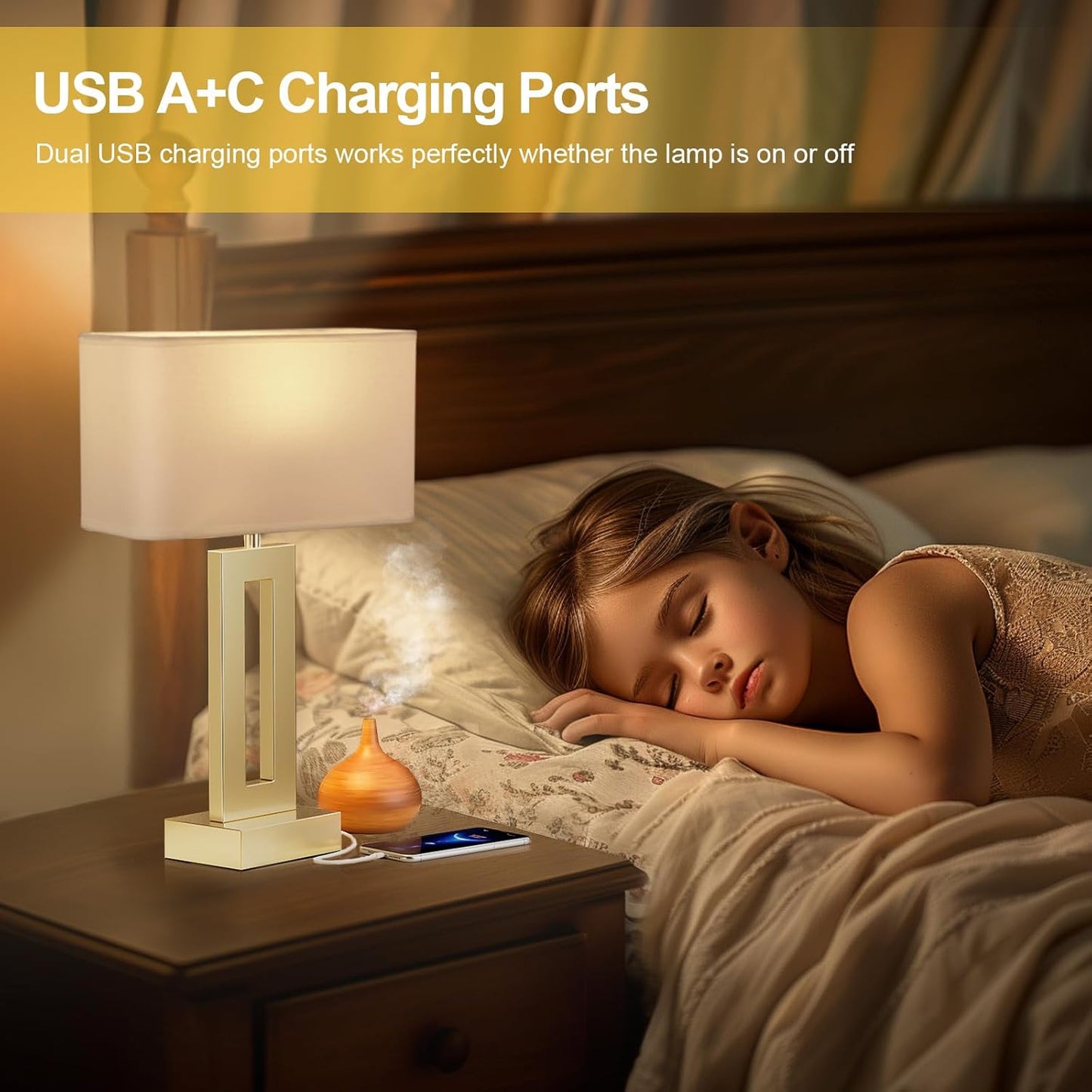 Gold Table Lamps Set of 2, 16.4" Bedside Lamps for Nightstand with USB C+A | 3 Way Dimmable, Touch Night Stand Lamp with Charging Station for Beroom, Dorm, Living Room, Desk, LED Bulb Included