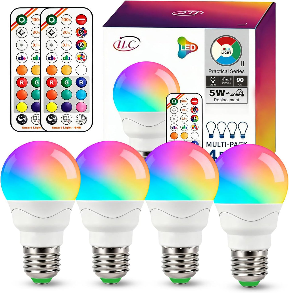 iLC A15 LED Color Changing Light Bulb, 5W (40W Equivalent), 500LM, 9 Colors 3CCT, E26 Base, IR Remote Control Light Bulbs with Timing & Sleep Mode, for Multi-Pendant, Ceiling Fans, Table Lamps, 4 Pack