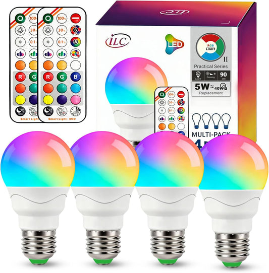 iLC A15 LED Color Changing Light Bulb, 5W (40W Equivalent), 500LM, 9 Colors 3CCT, E26 Base, IR Remote Control Light Bulbs with Timing & Sleep Mode, for Multi-Pendant, Ceiling Fans, Table Lamps, 4 Pack