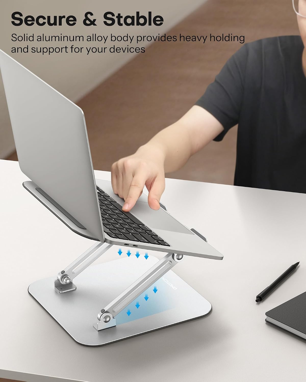 OMOTON Laptop Stand, Adjustable Metal Foldable Riser 10-17.2", Silver | Ergonomic Cooling Laptop Holder, Height Adjustable to 270mm for Sit-Stand, Portable Travel