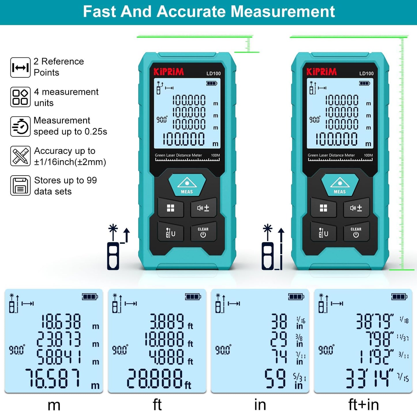 Kiprim LD100 Green Laser Distance Meter,328ft,Rechargeable,Electronic Level | Boasts high precision of ±1/16 inch; built-in electronic level assists horizontal and vertical measuring work.