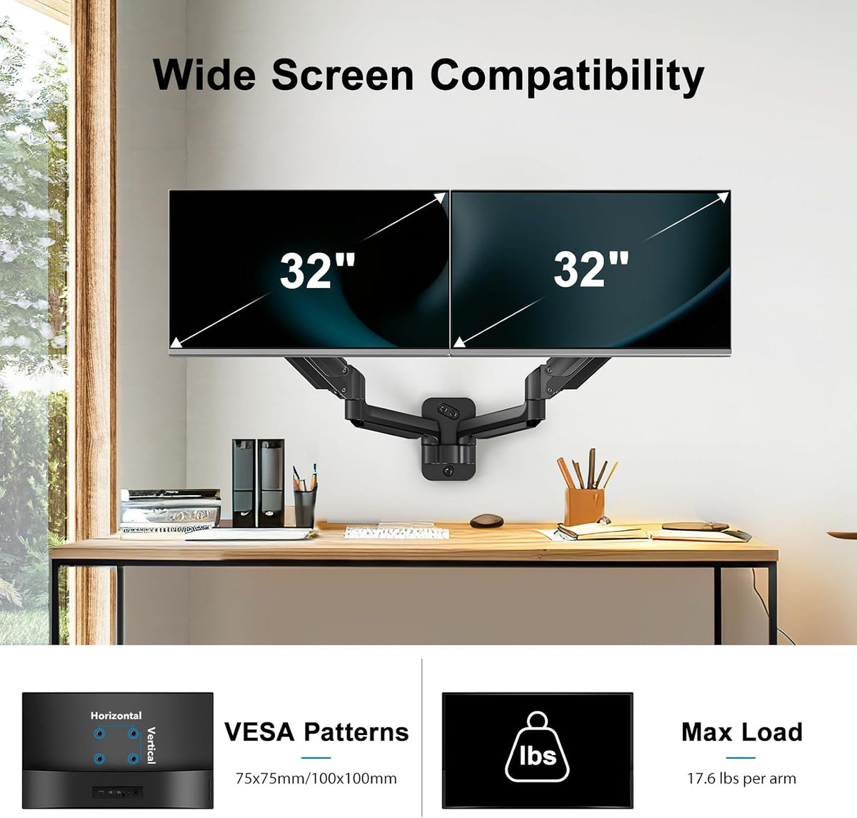 HUANUO Gaming Dual Monitor Wall Mount for 17-32 Inch Computer Screen Mount (4.4-17.6lbs Per Arm) - VESA 75x75/100x100 Height Adjustable Stand for Dual Monitors - Home Office Desk Setup