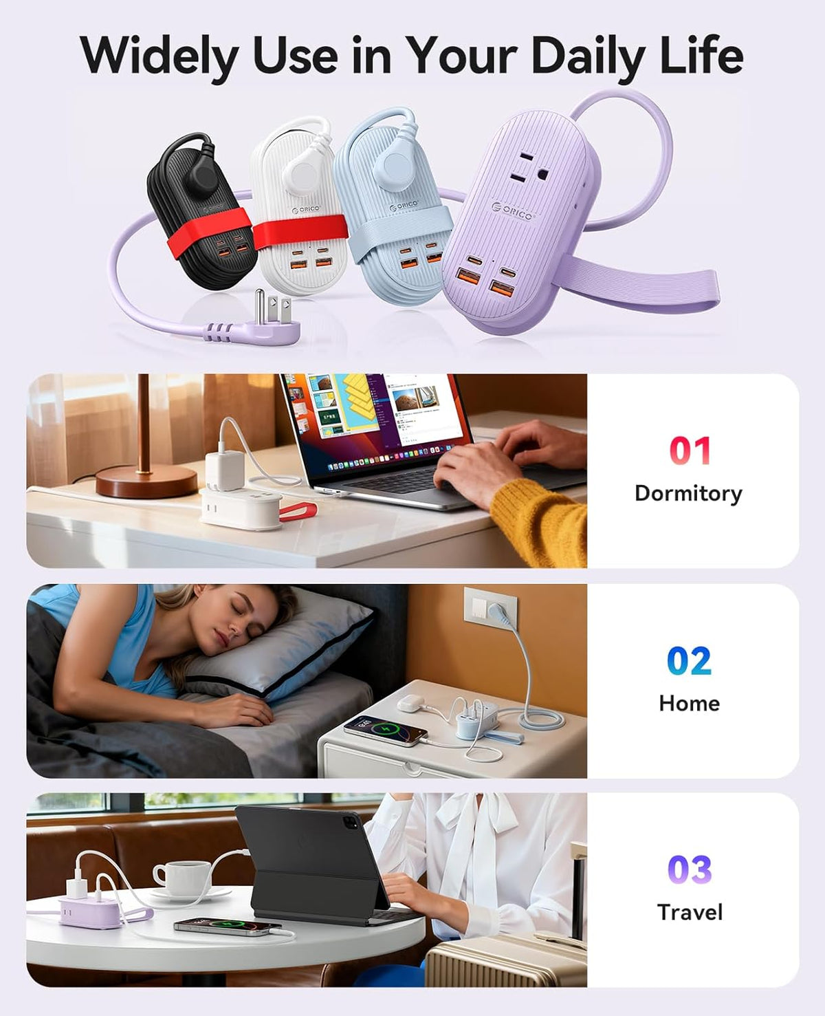 ORICO 65W GaN Travel Power Strip, 7 in 1 Charging Station(3AC, 4 USB Ports) | Flat Plug and 4ft Extension Cord, Fast Charger for MacBook, iPad, iPhone 17/16/15 - TK65