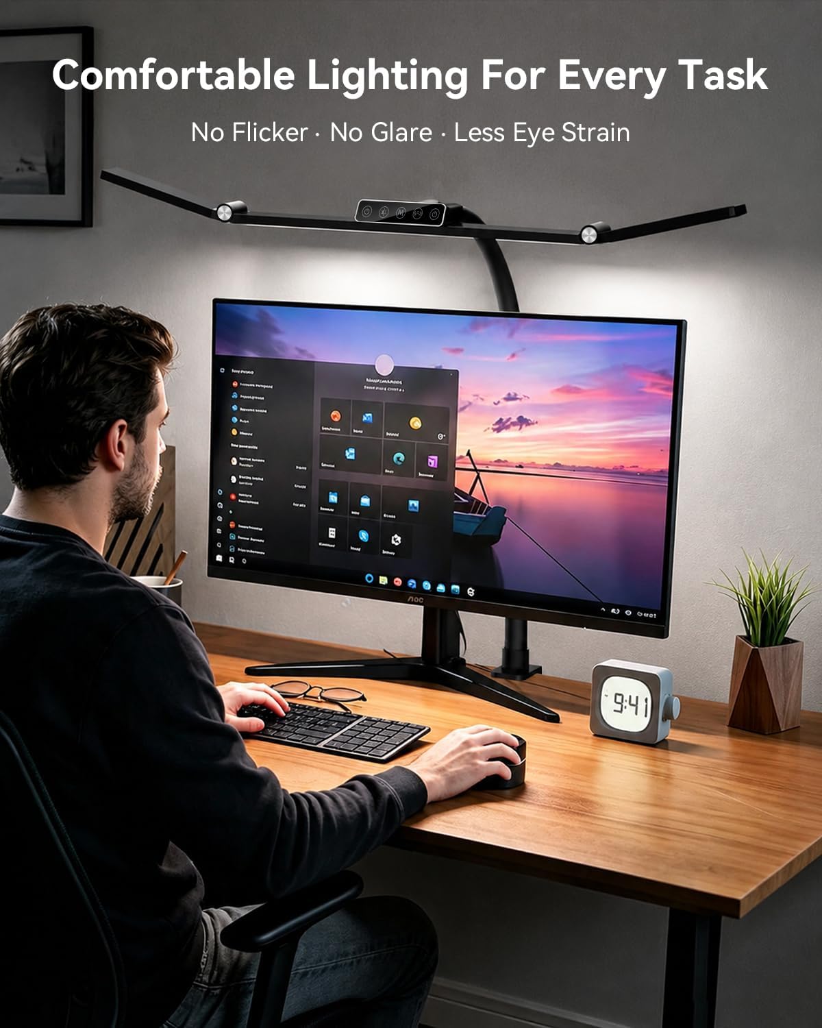 LED Desk Lamp with Clamp, 24W 3-Panel Light for Dual Monitors
