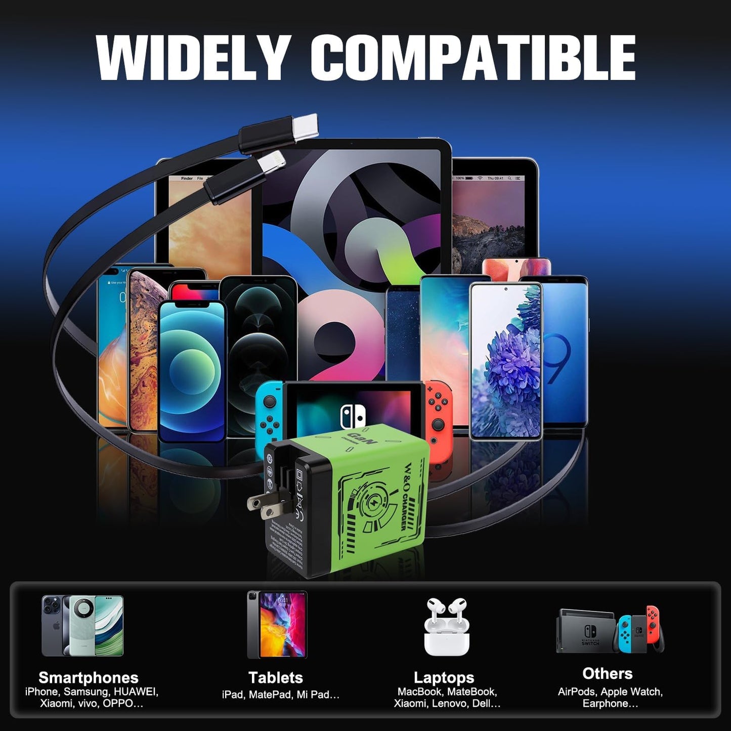 2-in-1 GaN Charger Fast Charging, with Lightning and Type-C Cables, Green | Retractable Phone Chargers, Foldable fast charger Compatible with iPhone&Most Android