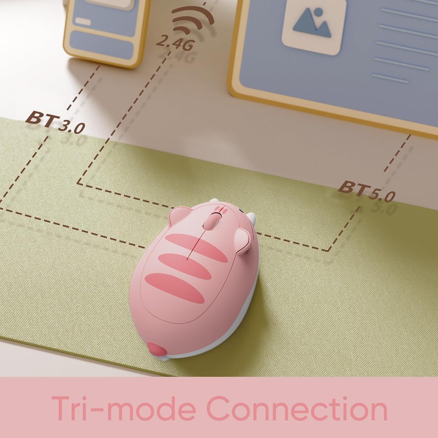 Akko Cat Theme Wireless Gaming Mouse Pink, Tri-Mode Mouse BT3.0/BT5.0/2.4G, Cute Optical Cordless Cartoon Mice for Computer/Laptop/Desktop/PC, Compatible with Mac/Win (Pink Angie)