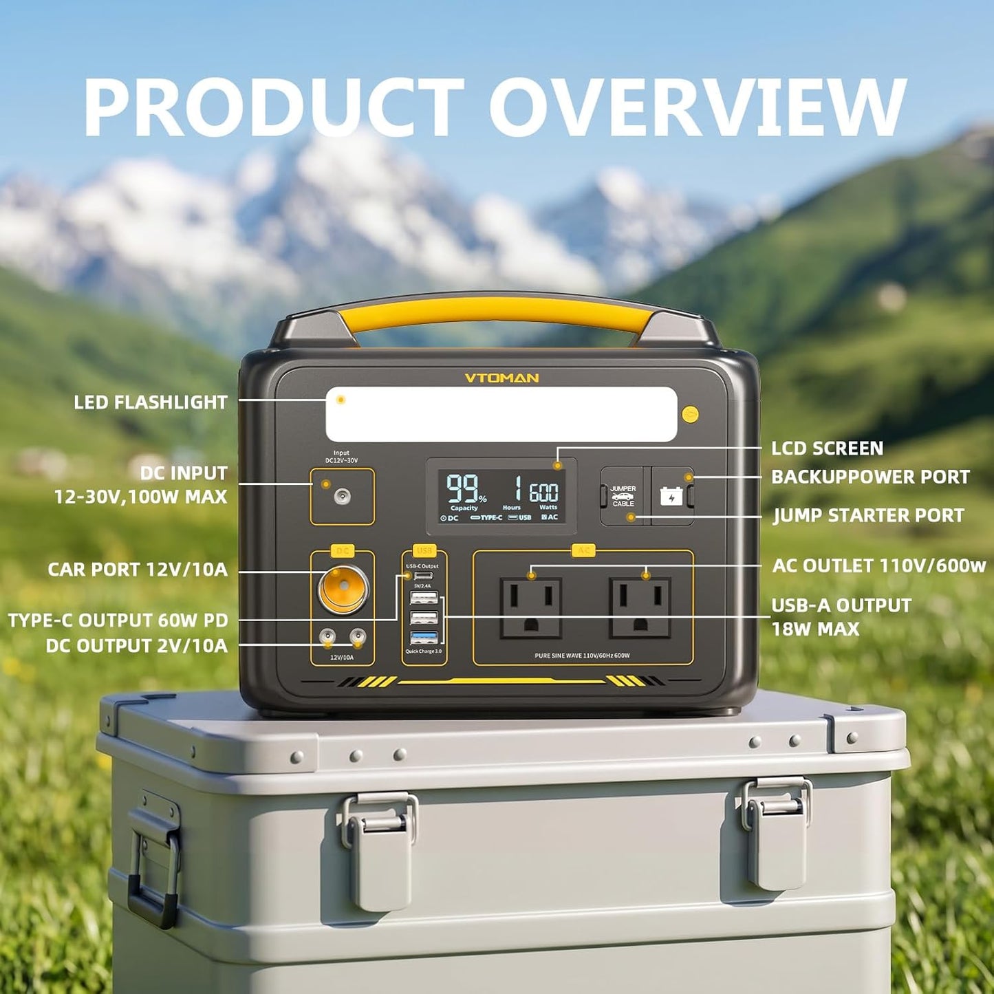 VTOMAN Jump 600X Portable Power Station 600W, 299Wh LiFePO4 Battery | 1200W Surge AC Outlet, PD 60W USB-C, 2-In-1 Solar Generator with Jump Start for Blackout, Camping, Outage and Road Trip