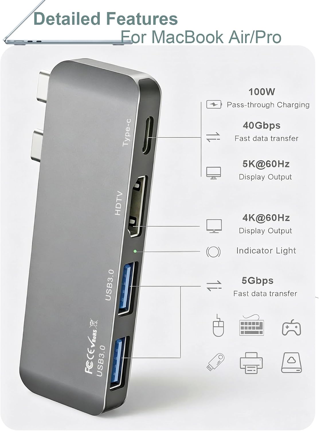 USB-C Hub for MacBook Neo/Pro/Air, MacBook Dock with 4k60Hz,1Type c 2USB3.0
