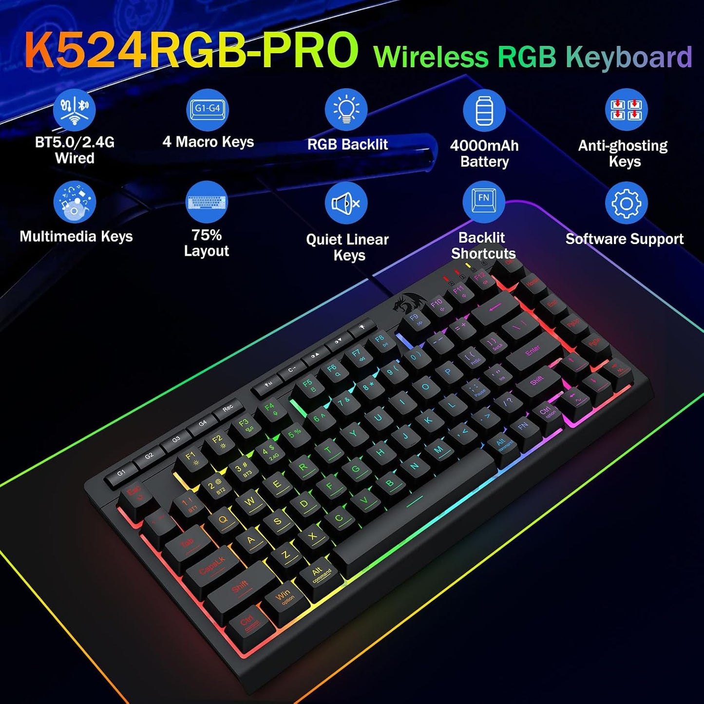 Redragon Wireless Gaming Keyboard, RGB Backlit, Portable 75% Design, Black | Bluetooth/2.4GHz/USB-C Wired, Mini Quiet Macro Membrane Keyboard, Rechargeable 4000mAh Battery, Anti-Ghosting for Win/MAC