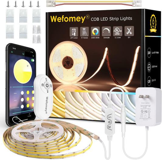 Wefomey COB LED Strip Light Warm White to Cool 2700K-6500K, 16.4ft Bright White COB Light Strip with Remote & App, 24V UL Listed 3200LEDs COB Led Lights for Under Cabinet, Kitchen, Indoor Lighting