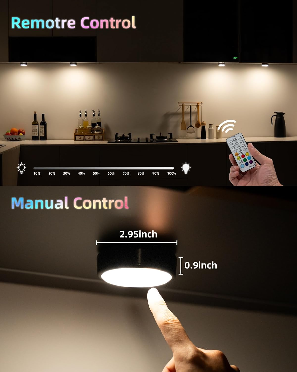 HOLKPOILOT Puck Lights with Remote, Under Cabinet Lights,2000mAh Battery Operated Closet Lights, Magnetic Under Cabinet Lighting Wireless, 3 Color Temps &7 RGB Colors, Black Rechargeable Puck Lights.