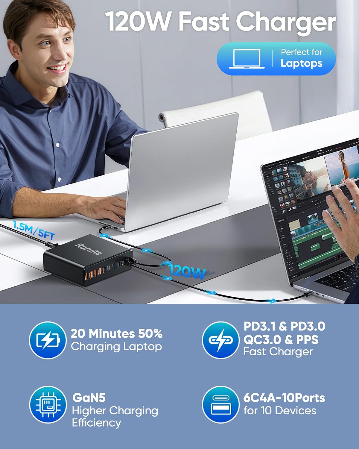 1000W USB C Charging Station, 120W PD GaN5 Super Fast USB C Charger Block | Type C for PC Laptop MacBook Pro/Air 10 Port Charger Compatible with iPhone 17 16 15 14 13 12 Pro Max, iPad, Galaxy