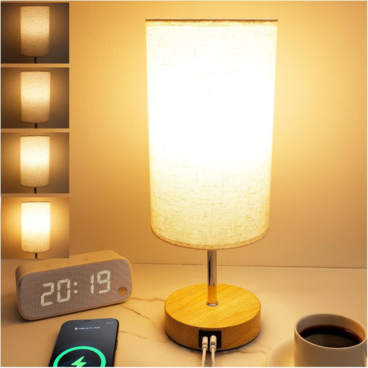 UNIFUN Nightstand Lamp, Touch Dimmable with USB-C Charging & Bulb | Includes E26 LED bulb，4 Brightness Levels，USB-A and Type-C ports，Natural wood base paired with a soft linen fabric shade