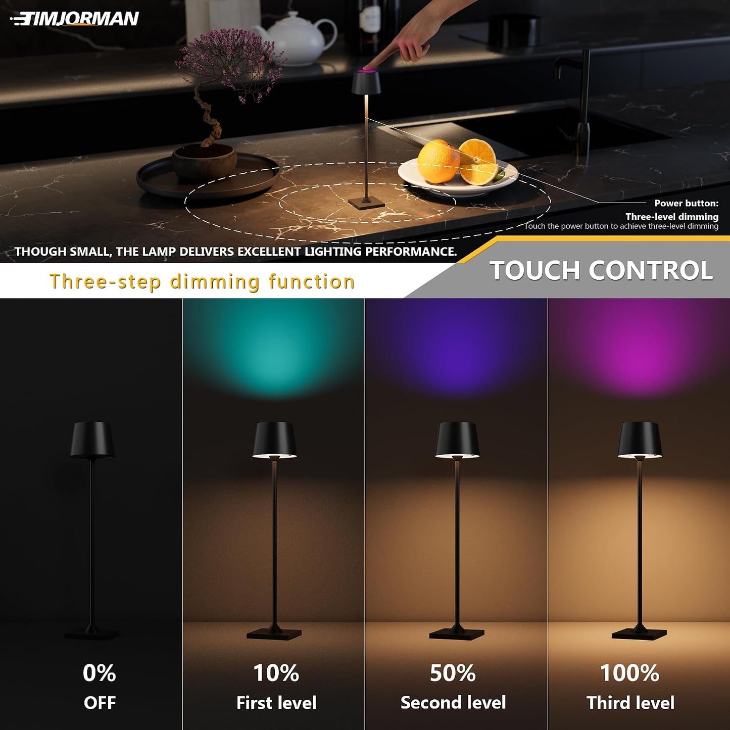 Timjorman Compact Cordless Table Lamp, Rechargeable LED Night Light, Dual Light Source (RGB Top & Warm Bottom), Touch Control & Timer, Metal Lamp for Bedroom & Kids Room (Black 1pack)