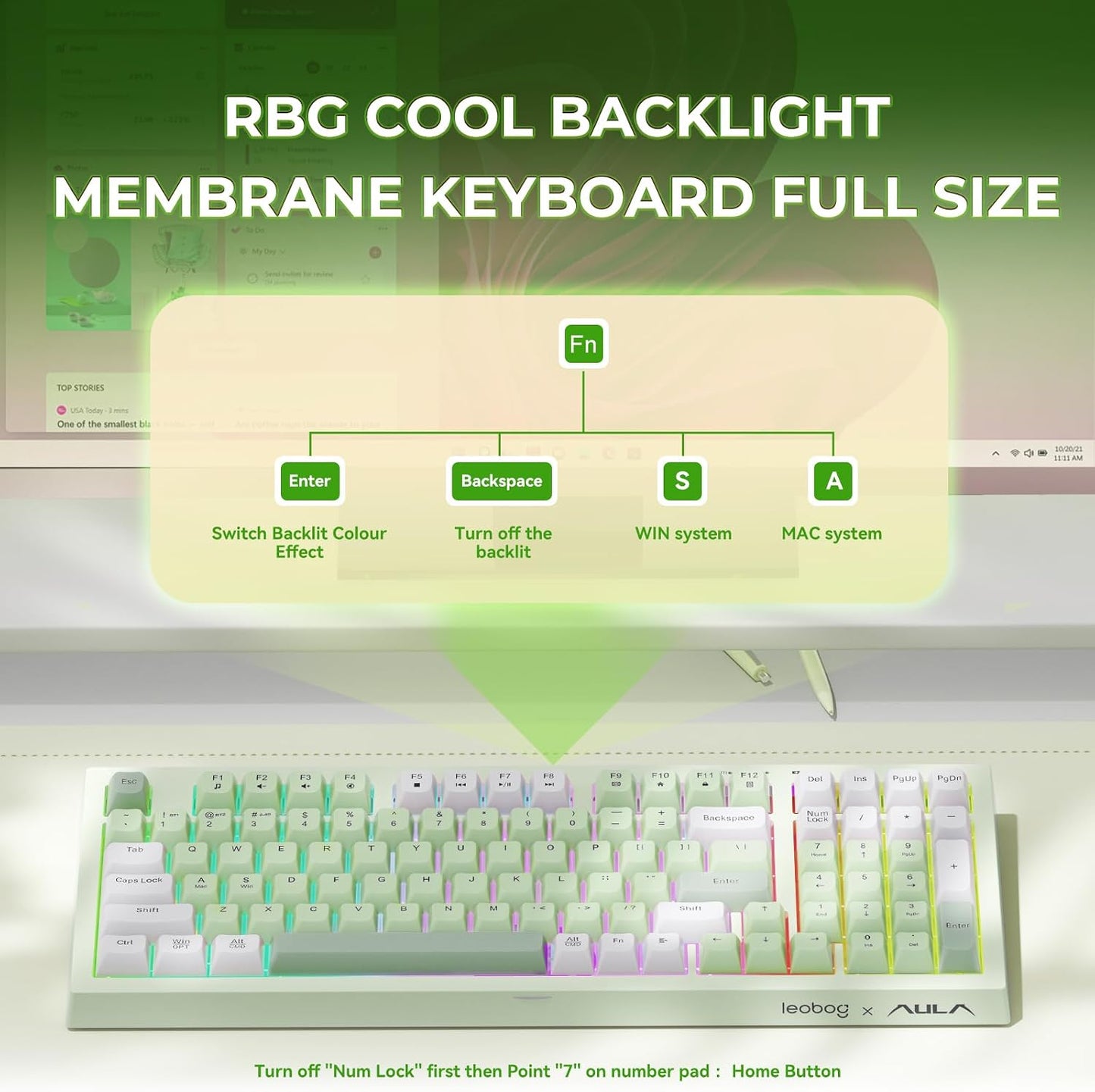LEOBOG X Aula Green Keyboard Wireless Gaming Keyboard Creamy Silent | 98 Keys,Quiet,RGB Backlit,2000mAh Computer Keyboards Membrane Creamy Keyboard with Number Pad,Tri-Mode BT/2.4GHz/USB-C