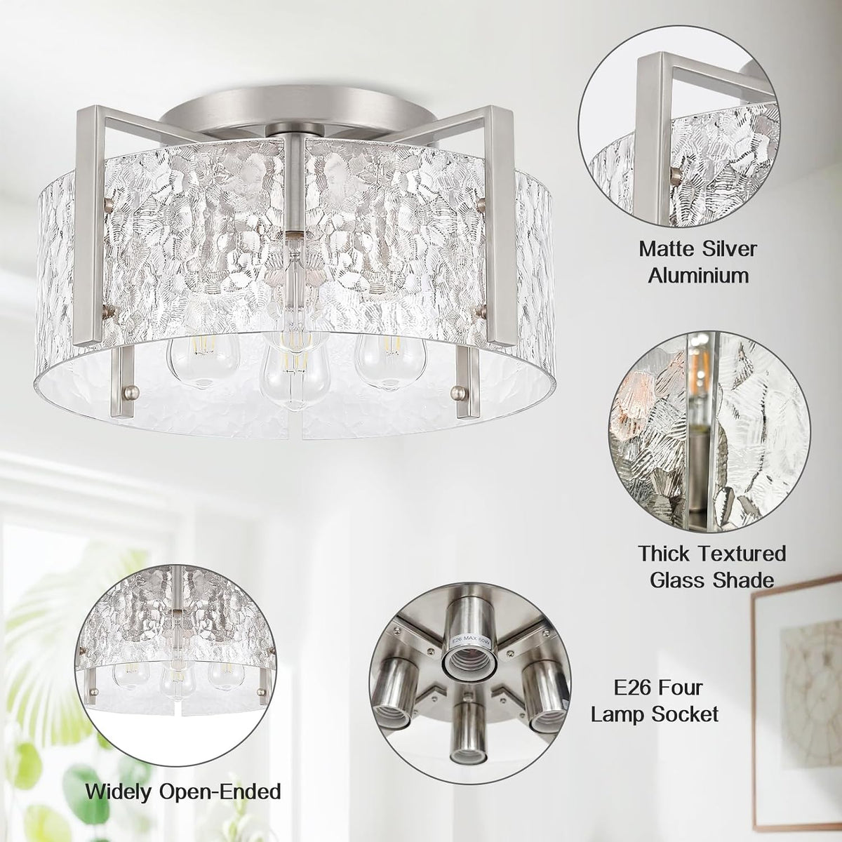 16" Semi-Flush Mount Ceiling Light, 4-Light Hammered Glass Drum Fixture
