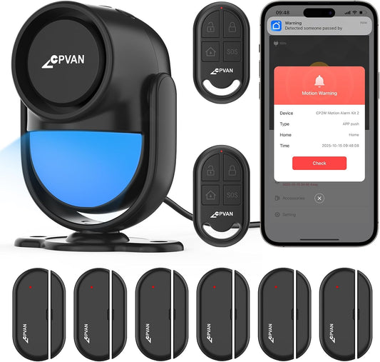 CPVAN WiFi Motion Sensor Alarm System, 125dB Smart PIR Motion Detector with 6 Door Window Sensors, Phone App Alerts, Wireless Indoor Home Security Kit, 2.4GHz WiFi, Black