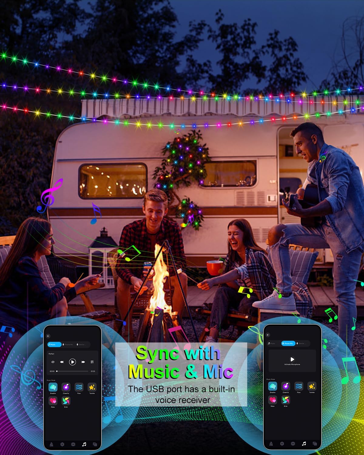 echosari Smart Fairy Lights 33Ft 100 LED USB (Color Changing) | APP & Remote Control, Music & Mic Sync, USB Powered, Flexible, for Holiday & Party Decor