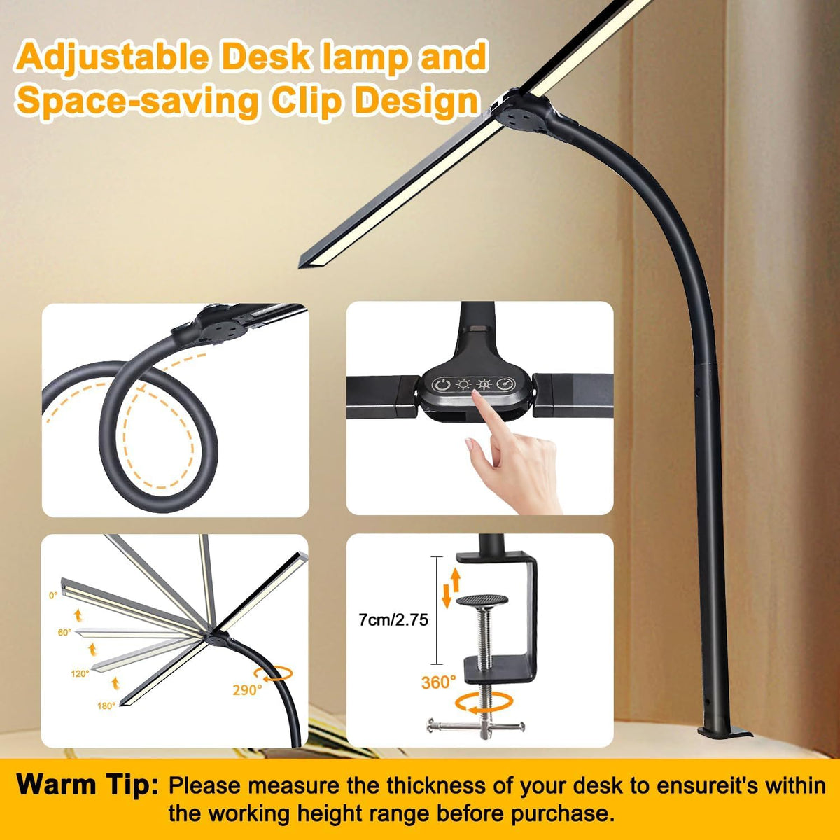 Double Head LED Desk Lamp for Office - Eye Caring Lamp with Clamp