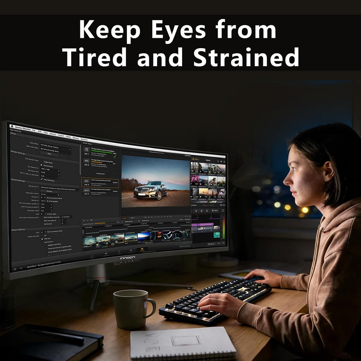 INNOCN 49" Curved Ultrawide 3840 x 1080P 144Hz Monitor, Screen Split for Productivity/Gaming, 32:9, R1800, HDR400, USB C, DisplayPort, HDMI, Speakers, Adjustable, Black