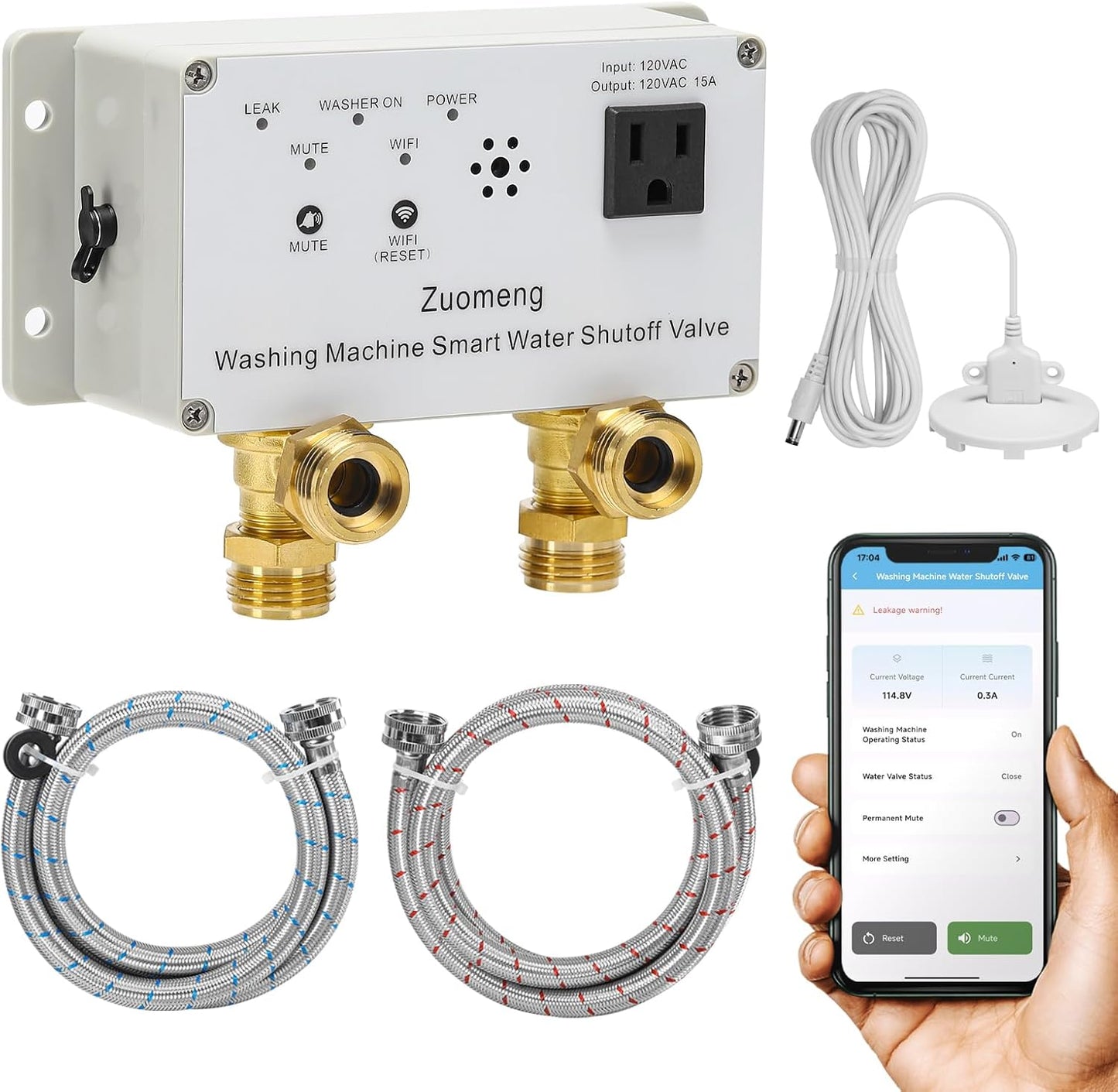 WiFi Smart Water Shutoff Valve with Leak Sensor, 3/4" Brass Valve & Extra Hose, Effortless Remote Control and Real-Time Water Leak Alerts via App, White