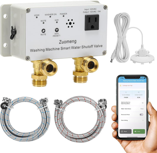 WiFi Smart Water Shutoff Valve with Leak Sensor, 3/4" Brass Valve & Extra Hose, Effortless Remote Control and Real-Time Water Leak Alerts via App, White