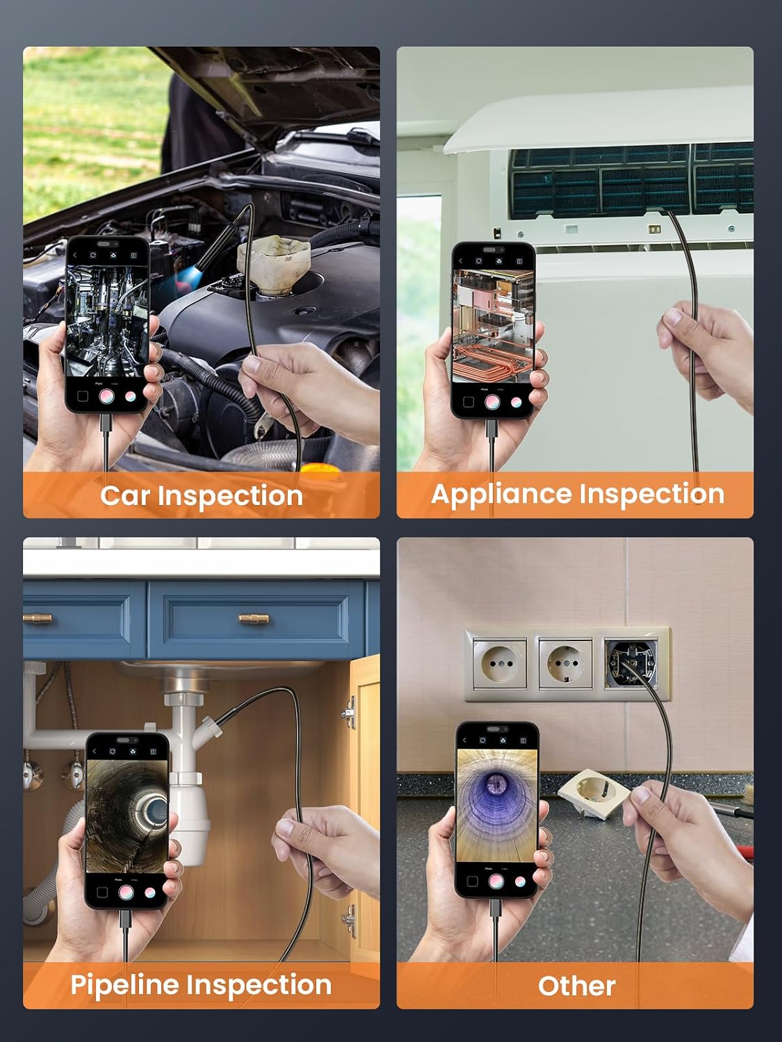 Endoscope Camera with Light, 1920P HD Borescope with 8 LED Lights, 16.5 FT Semi-Rigid Snake Inspection Camera, IP67 Waterproof Drain Pipe Borescope Mens Tool for iOS and Android