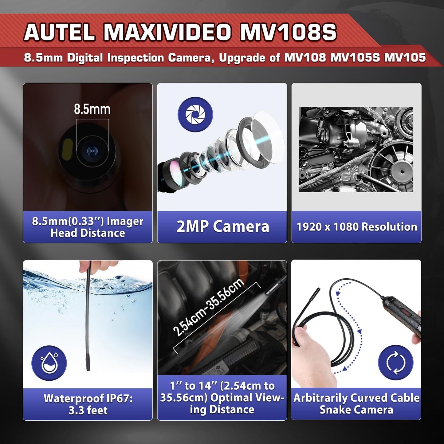 2026 Autel MaxiVideo MV108S Digital Inspection Camera, 2MP 1920x1080 | IP67 Waterproof USB Endoscope, 8.5mm Borescope Snake Camera, 39.37'', LED Light, Work w/Autel Scanner & P.C, Up MV108 MV105S