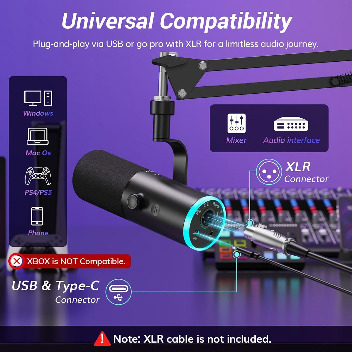 TONOR Dynamic Gaming Microphone XLR/USB Mic with AI Noise Cancellation | Boom Arm Set, RGB, Tap Mute, 3.5mm Jack, Gain Control, Microfono for Content Creators, Black, TD510 AIR S H+