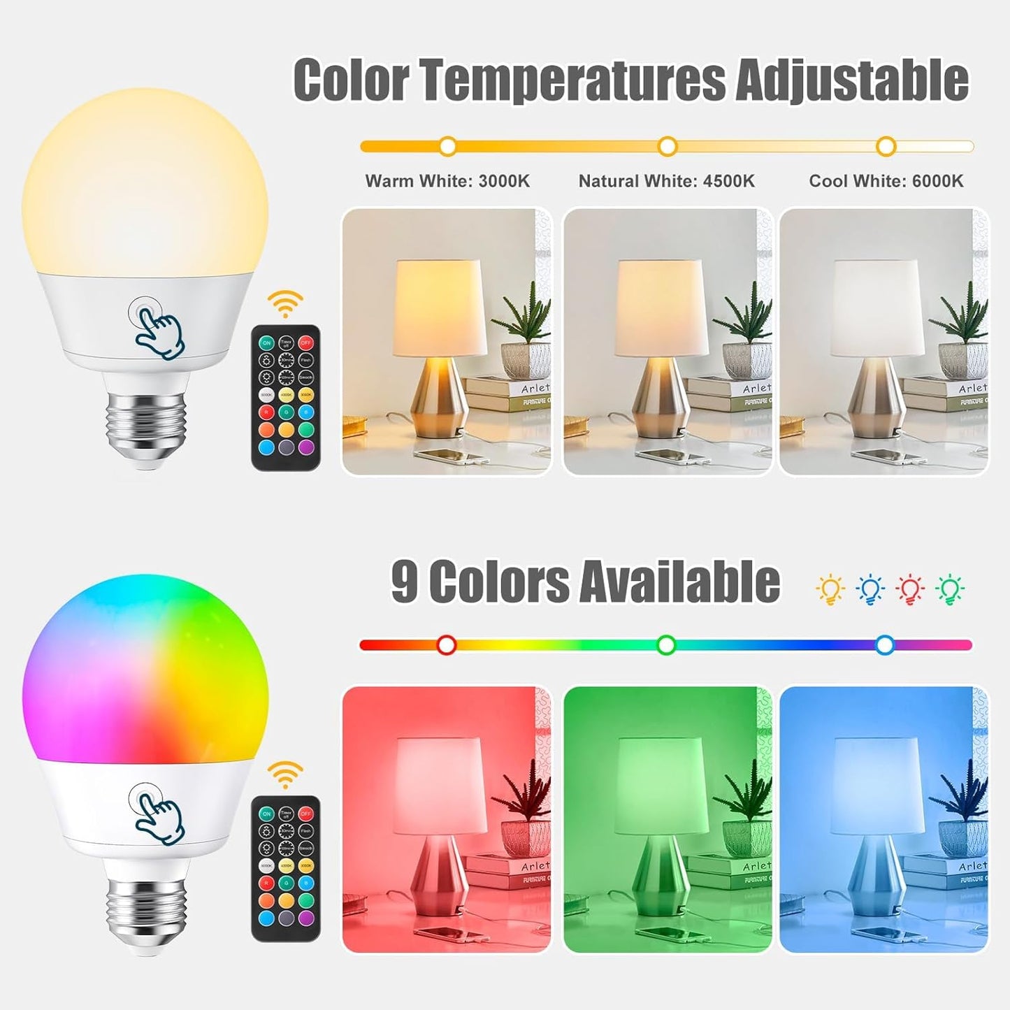 Brightown E26 Rechargeable Light Bulb with Remote and Timer | Magnetic Base, Battery Backup Bulb for Sconce, Lamps and Non-Hardwired Fixtures, 3 Color Temperatures + 9 RGB Colors, 2 Pack