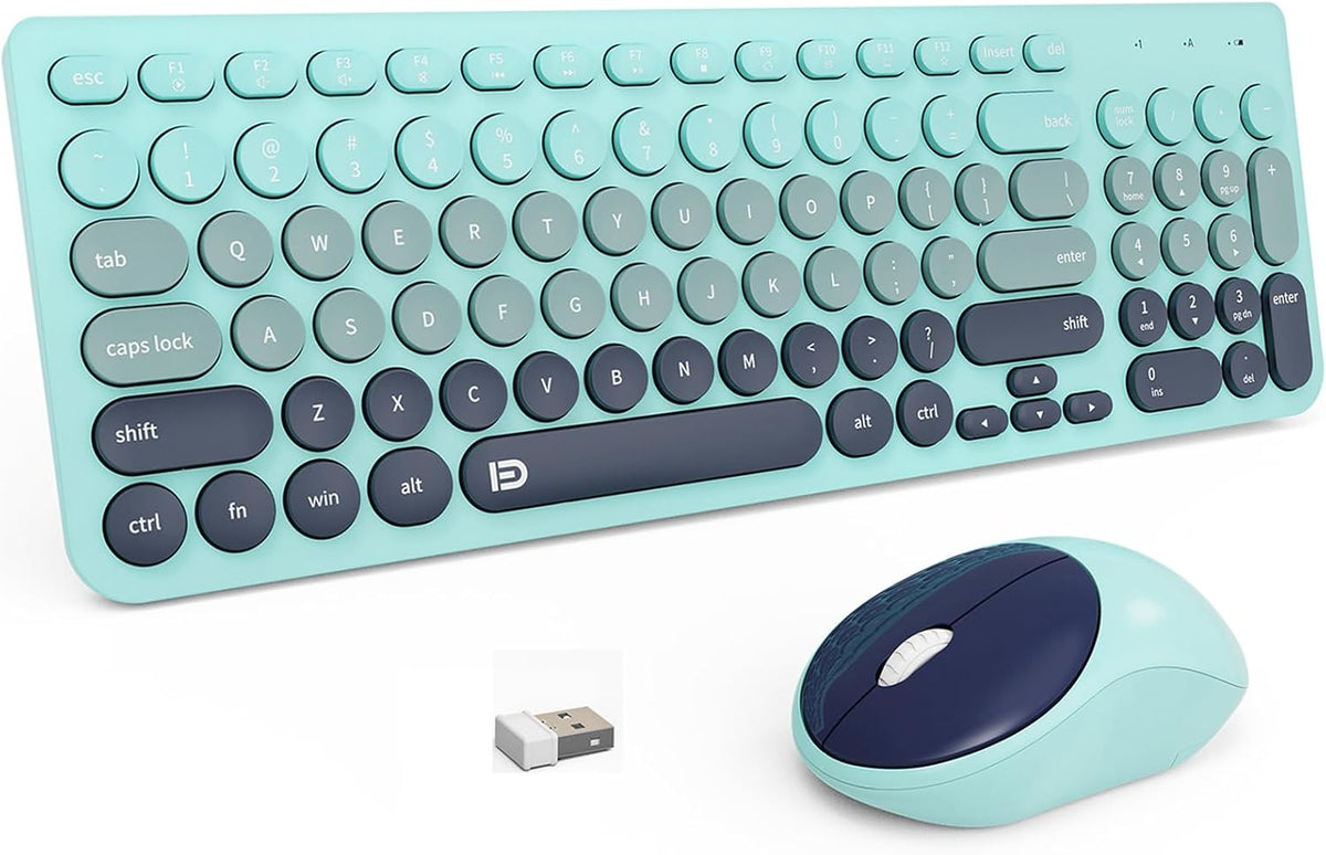 FD Wireless Keyboards and Mouse Combo - 2.4GHz USB Cordless, Cute Wireless Keyboard Round Keys, Quiet and Slim Set for Laptop, Computer, TV and Mac - Milky White Green Colorful